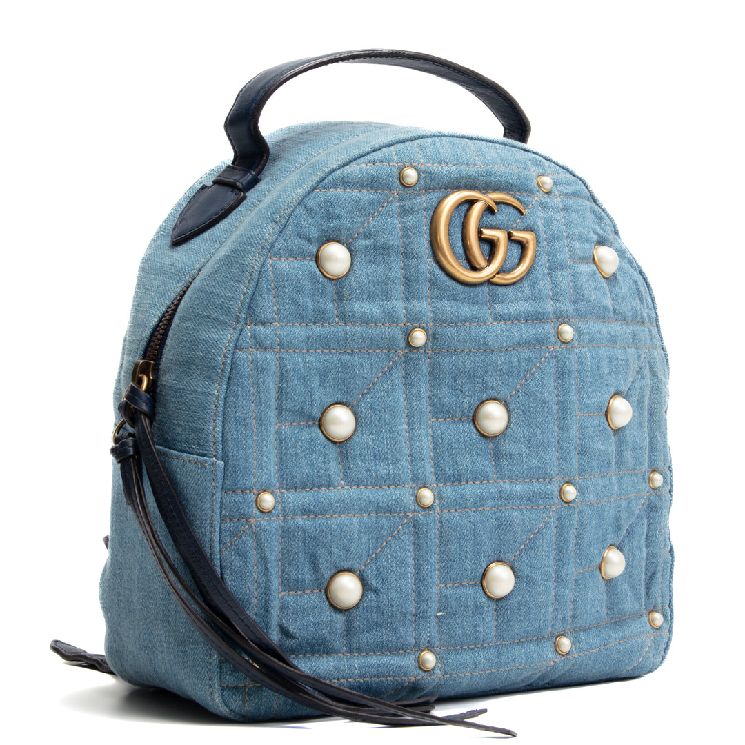 GUCCI Denim Pearly GG Marmont Rucksack