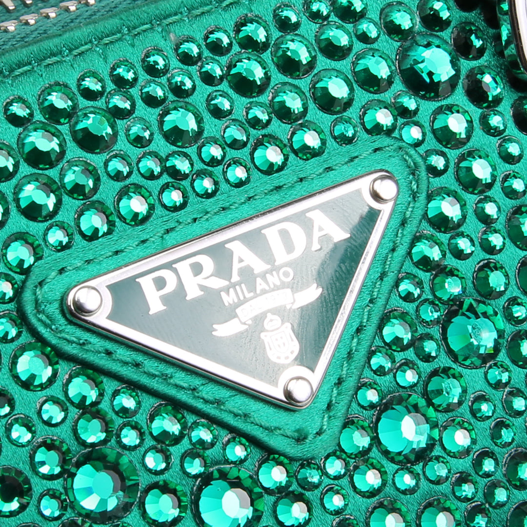 PRADA Galleria Mini-Tasche aus Satin mit Kristallen - Grün