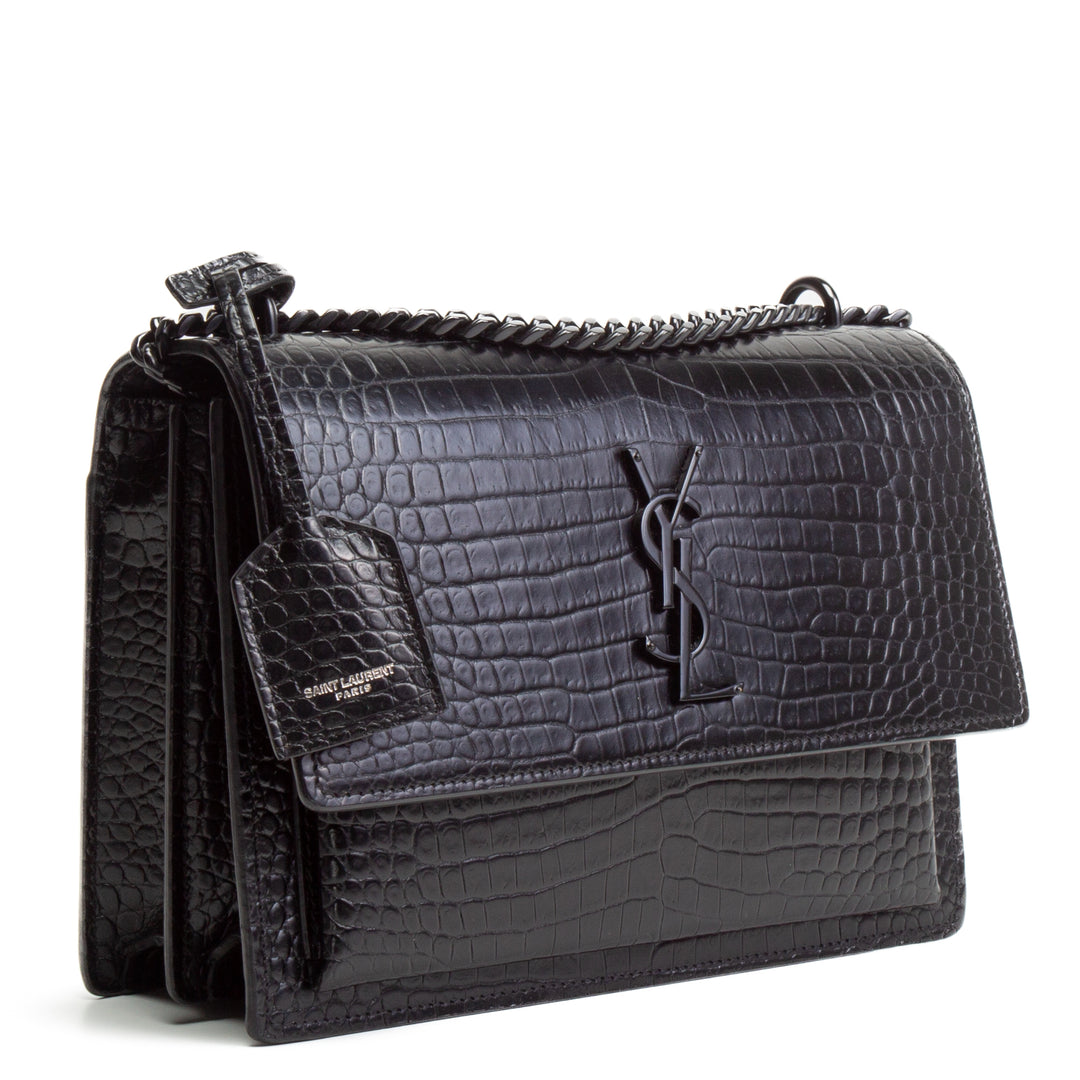 SAINT LAURENT Croc Embossed Medium Sunset Shoulder Bag - Black