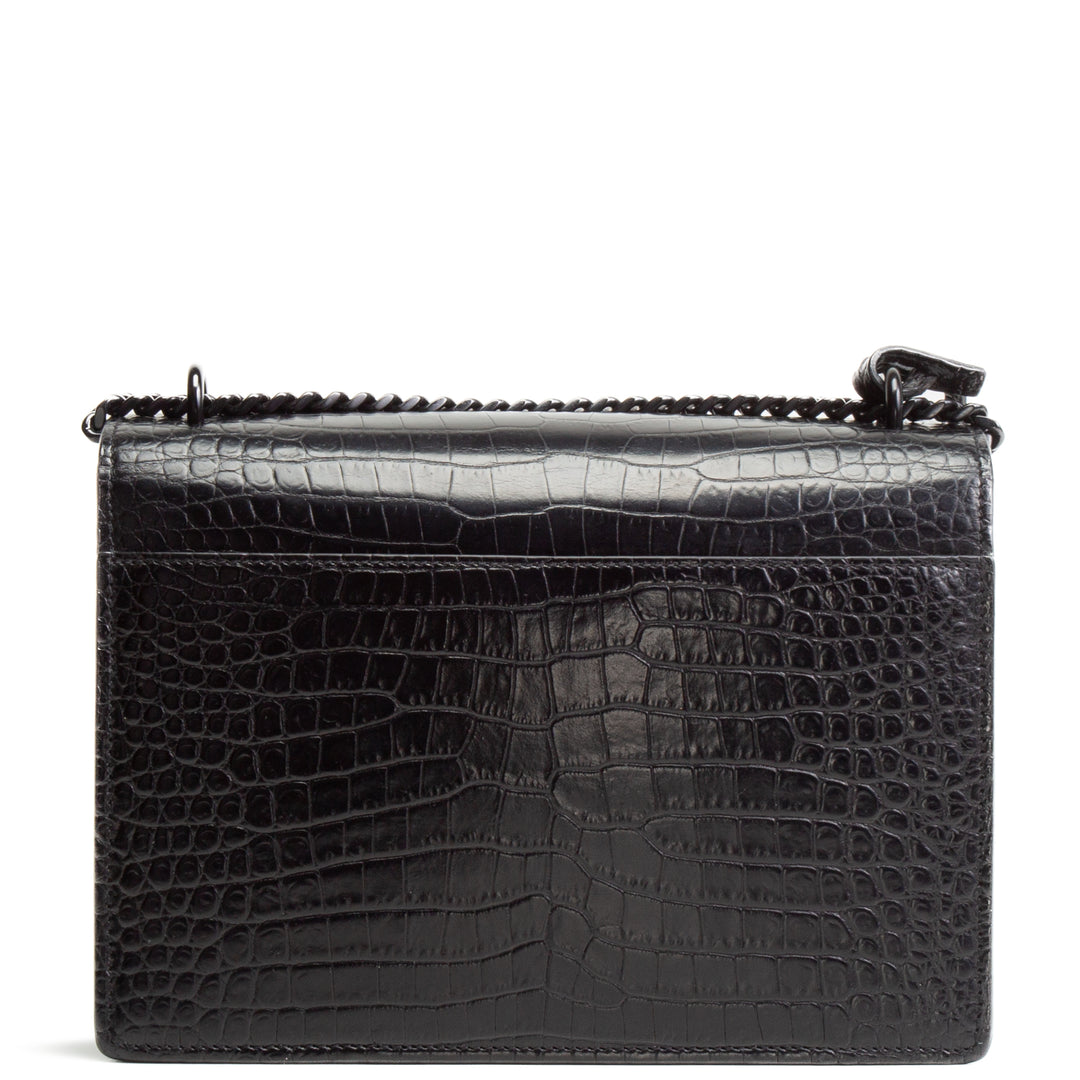 SAINT LAURENT Croc Embossed Medium Sunset Shoulder Bag - Black