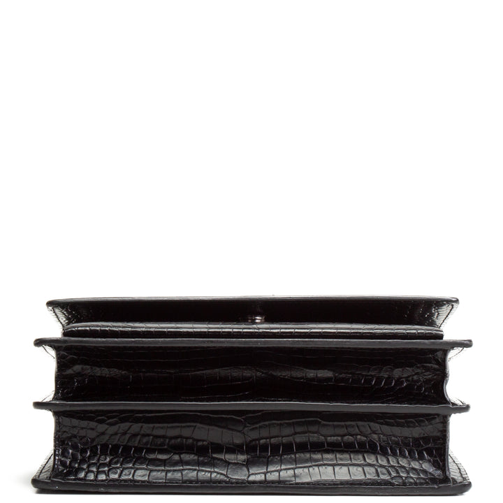 SAINT LAURENT Croc Embossed Medium Sunset Shoulder Bag - Black