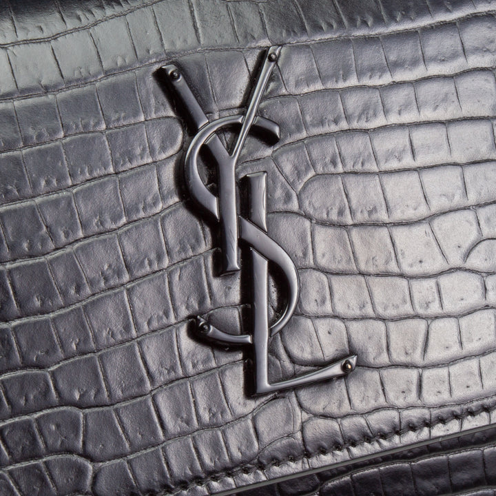 SAINT LAURENT Croc Embossed Medium Sunset Shoulder Bag - Black