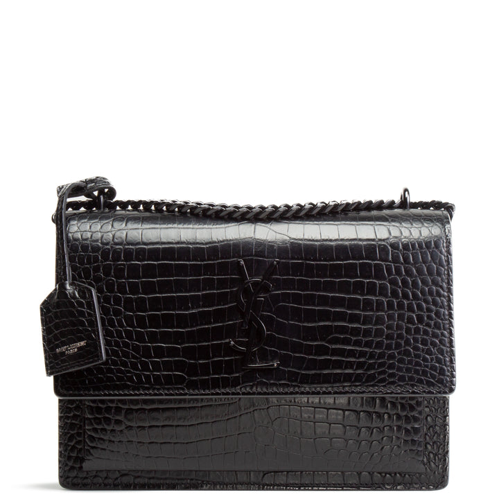 SAINT LAURENT Croc Embossed Medium Sunset Shoulder Bag - Black